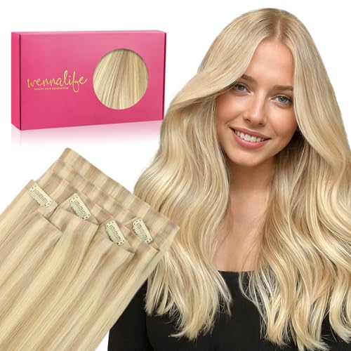 Image of WENNALIFE Invisi Edge Clip in Hair Extensions Real Human Hair, 22 Inch 150g 7pcs Light Blonde Highlighted Golden Blonde Hair Extensions for Women Invisible Straight Injection Extensions