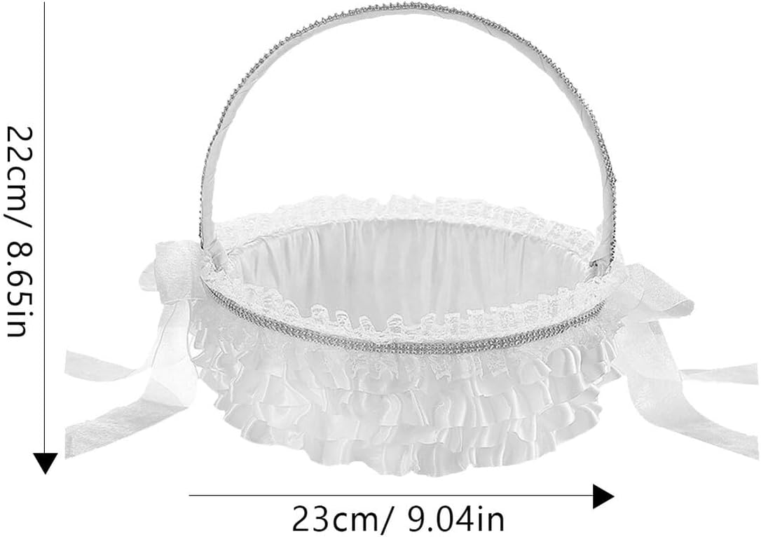 Operitacx Rustic Wedding Flower Girl Basket with Lace Trim, White Handheld Petal Storage Basket for Wedding Party Supplies and Ceremony Decorations, Medium Size