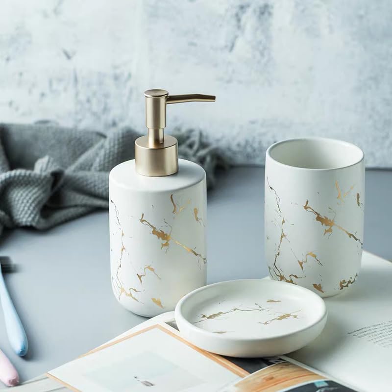 Image of Ceramic Bath Accessories Set of 3 (Luxe White) - 400ml Soap Dispenser, Tumbler & Soap Dish, White with Gold Marble Design, Bathroom Countertop Organizer for washbasin