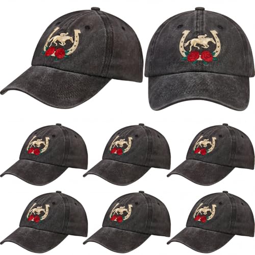 Cutecrop 6 Pcs Derby Day Hats Bulk Washed Cotton Baseball Cap for Horse Racing Party Favors Vintage Black Dad Hat with Embroidered Jockey Horseshoe & Red Roses Equestrian Gifts for Men Women