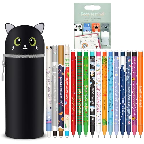 Radierbaren Gelstiften Set + Katze Kawaii 2-in-1 Federmäppchen, mit thermoempfindlicher Löschtinte (Schwarze Katze +16 löschbarer Stift + Lesezeichen)