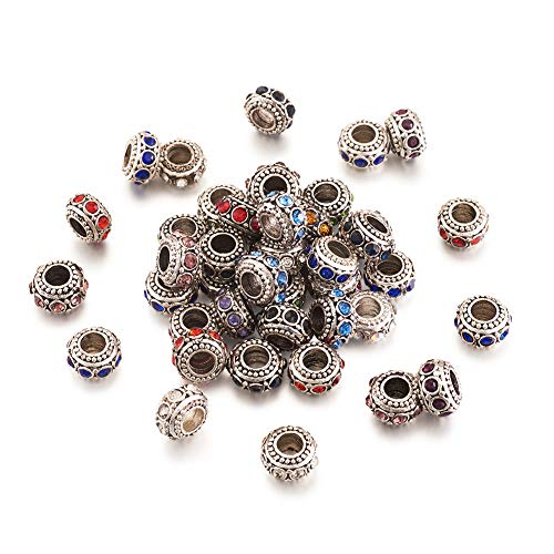 Cheriswelry 50pcs Crystal Zinc Alloy Rhinestone Beads Antique Silver Rondelle European Large Hole Charms Beads Mini Metal Loose Spacer Beads 10~12mm for DIY Bracelet Necklace Jewelry Making