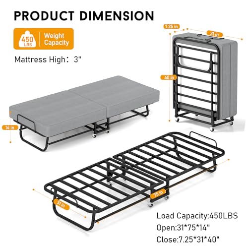 Portable Folding Bed for Adults with Memory Foam Mattress and Wheels - Space-Saving Design for Easy Storage (75 x 31)