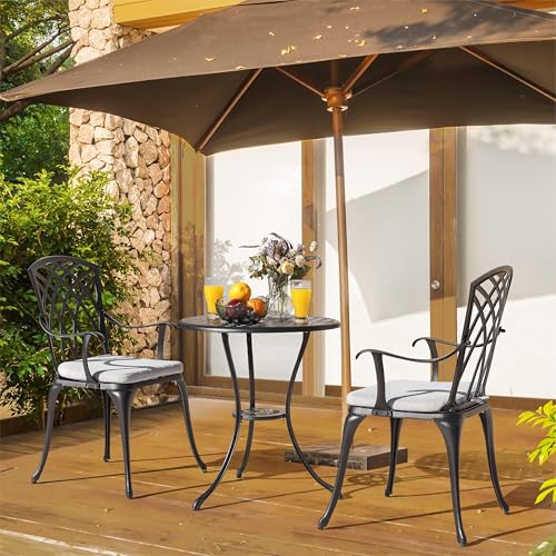 Image of NUU GARDEN Bistro Set 3 Piece Outdoor Cast Aluminum Patio Bistro Set Patio Table and Chairs Set of 2 with Umbrella Hole and Gray Cushions, Black
