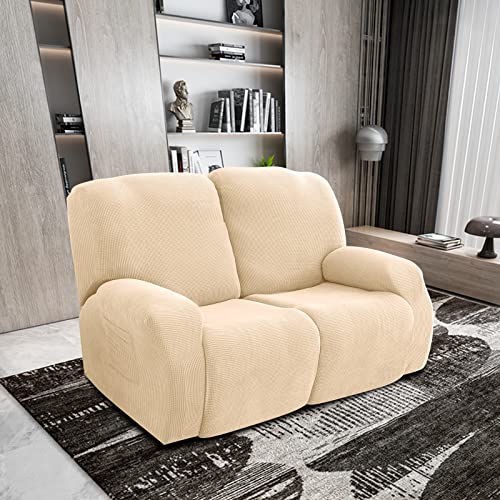 Figooo Recliner Sofa Covers 2 Seat Stretch Loveseat Recliner Cover Non Slip 6-Piece Jacquard Recliner Couch Cover With Pockets Reclining Couch Covers Furniture Protector For Dogs Cats,Beige #TOP2