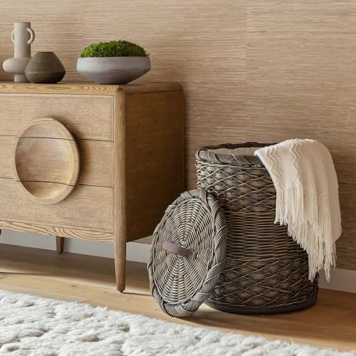 Image of wicker Round Laundry Basket with Lid| laundry basket with lid | storage basket Laundry Hampers(17 inchL x x 25 inchH) (Brown)