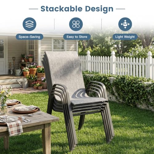 Image of DIFY Patio Chairs Set of 6, Stackable Outdoor Dining Chairs Set with Breathable Textilene High Back and All-Weather Metal Frame for Garden, Backyard, Deck, Grey