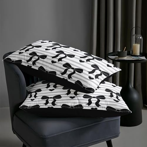 Image of AILONEN Black Bow Comforter Twin 3 Piece Monochrome Stripe Bedding Aesthetic Ribbon Heart Quilt Soft Microfiber Padded Blanket Girls Dorm Decor Trendy White Coverlet 2 Pillowcases