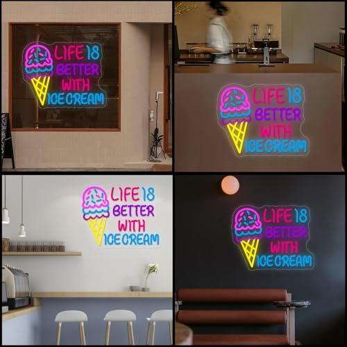 Image of Ice Cream Neon Sign Wall Decor Custom Dimmable LED Light for Shop USB Powered Ice Cream Bar Food Shop Neon Art Party Neon Sign Decor 12.6x15.9 inch