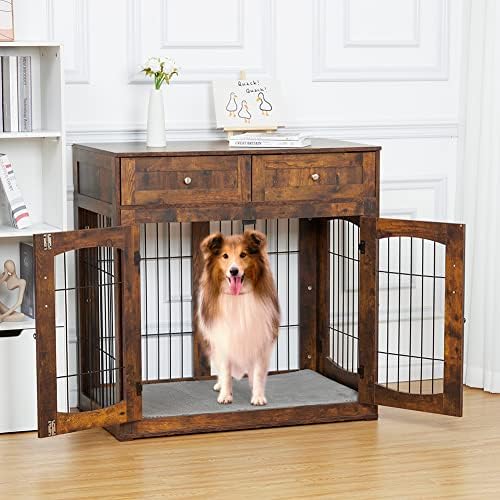 Dog Crate Furniture with 3 Doors,39.4" Large Dog Crate with 2 Drawer & Cushion,Wooden Dog House Kennel for Medium/Large Dog,Dog Crate Table Up to 130 lbs,Indoor End Table Dog House