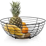 JS Gourmet Cesta de frutas de acero con base de madera de acacia, ideal para encimera de cocina y decoración de comedor, mantiene las frutas y verduras frescas