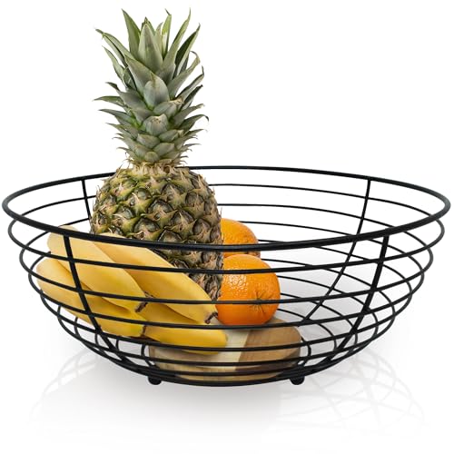 Black Wire Fruit Basket with Acacia Wood Base – Metal Fruit Bowl for Kitchen Table and Counter, Fruit Container and Organizer – Modern and Decorative Bowl for Home Organization and Storage