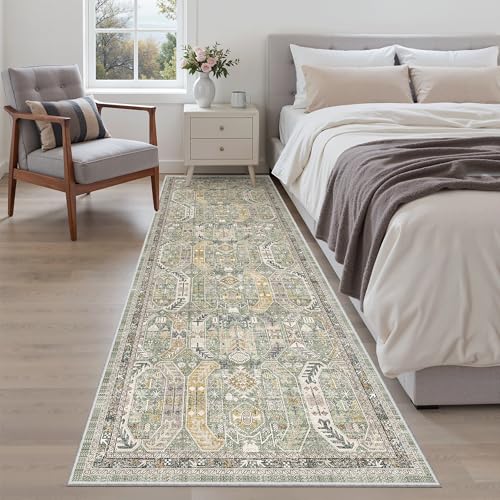 Madane Runner Rug 2'6''x8' Kitchen Runner, Hallway Runner Printed Vintage Washable Rugs Soft Non-Slip Low Pile 2.5x8 ft Runners for Hallways Laundry Room Rug Distressed Rug, Green/Gold by Madane - Image 4