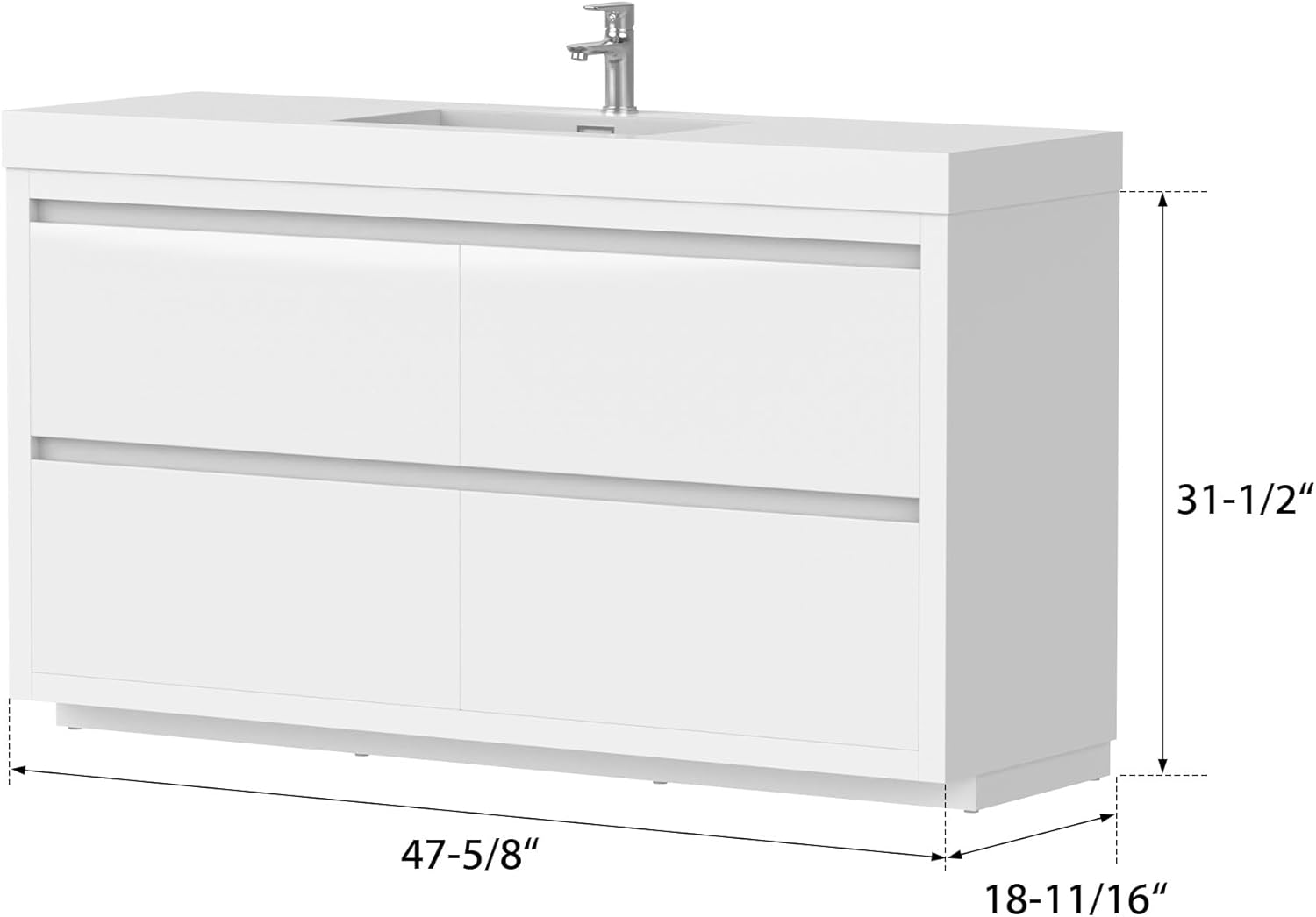 Vanity Art 48 Inch Single Sink Floor Standing Bathroom Vanity Set 2 Drawers Storage Cabinet with White Engineered Stone Top Undermount Rectangle Sink High-Glossy Finish NOT Include Mirror