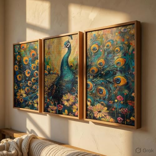 Image of Livin'luxe Peacock Wall Painting Set of 3 with Wooden Frames | Colorful Peacock Feather Artwork HD Sparkle Printed MDF Wall Decor | Modern Bird Wall Art for Living Room, Bedroom, Hall & Office