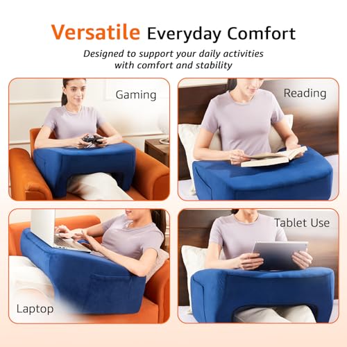 Image of amazon basics Gaming Lap Pillow | Lap Desk with Armrest Design | Side Pocket | Washable Velvet Cover | for Bed, Sofa & Floor | Blue
