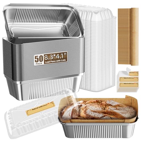 Gyreuni 50 Pack Disposable Loaf Pans with Lids 8.3 X 4.1 X 2.2 Bread pan
