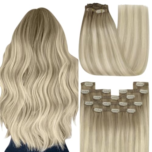 Image of YoungSee Blonde Clip in Hair Extensions 12 Inch Short Human Hair Clip ins Extensions Ash Blonde Balayage Platinum Blond, Easy to Wear at Home, Clip in Extensions Real Human Hair for Beginners 7Pcs 85G