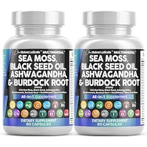 Clean Nutraceuticals Sea Moss Black Seed Oil Ashwagandha Turmeric Bladderwrack Burdock & Vitamin C Vitamin D3 with Elderberry Manuka Dandelion Yellow Dock Iodine Chlorophyll ACV – 2Pack