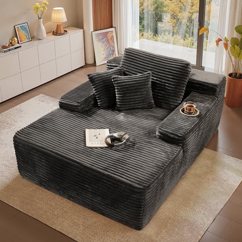 OTHILOA Chaise Lounge Chair Indoor, 67" Oversized Comfy Plush Fur Sleeper Sofa Bed, Boneless Upholstered Recliner Bed with Pillows and Wide Armrests, Modern Cloud Couch for Living Room, Grey