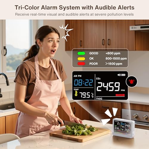 Image of Professional 16 in 1 Air Quality Monitor Indoor 10h Battery & Real-Time Display 9 AQI+7 Alerts, Wildfire CO2 Monitor Air Quality Tester for CO2, TVOC, PM2.5 PM1.0 PM10, HCHO Temp /Humidity AQI & Time