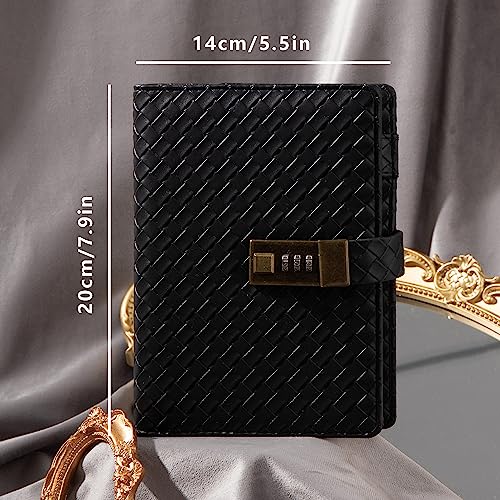 Image of TIEFOSSI B6 Leather Journal Notebook With Combination Lock, Travel Refillable Ruled Lined Writing Paper, Secret Password Gift Diary For Women Girls Boys (Black), 224 Pages