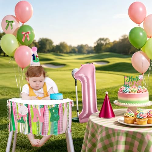Image of Golf Hole in One Highchair Banner for First Birthday Party Decorations | Pink Green Golf High Chair Fabric Banner for 1st Birthday Backdrop Decorations Photo Props Baby Shower Party Supplies