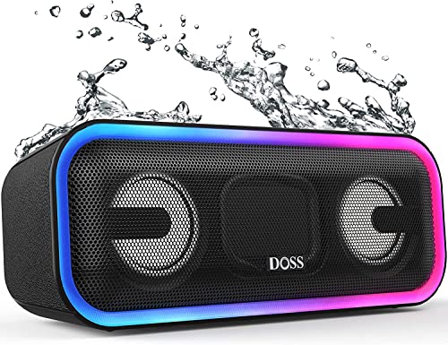 DOSS Enceintes Bluetooth Portable Lumineuse, Waterproof, 24W Enceintes sans Fil avec LED Lumière, Portée Bluetooth 20m, Basses Puissantes, Haut-Parleur Bluetooth 15 Heures, Noir