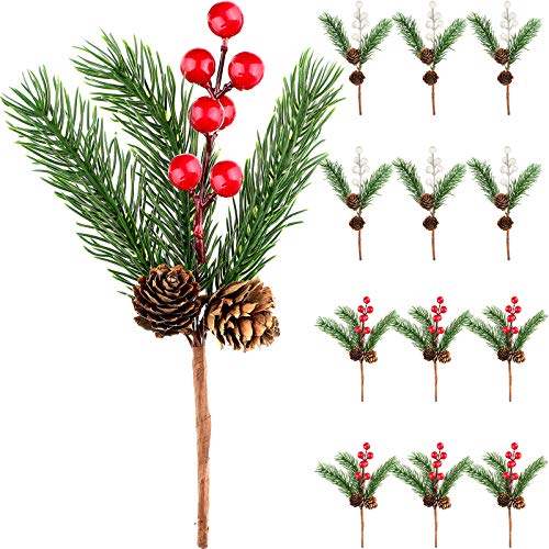 12 Pieces Christmas Berries Red White Berry Stems Pine Branches Artificial Pine Cones Holly Spray Wreath Picks for Winter Decor, Holiday Crafts, Xmas Decorations