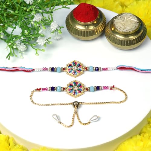 Image of Oblivion Rakhi Set for Brother and Bhabhi - Peacock with Feather Gift for Bhai & Lumba for Bhabhi with Silver Colour Coin and Greeting Card - Raksha Bandhan Combo