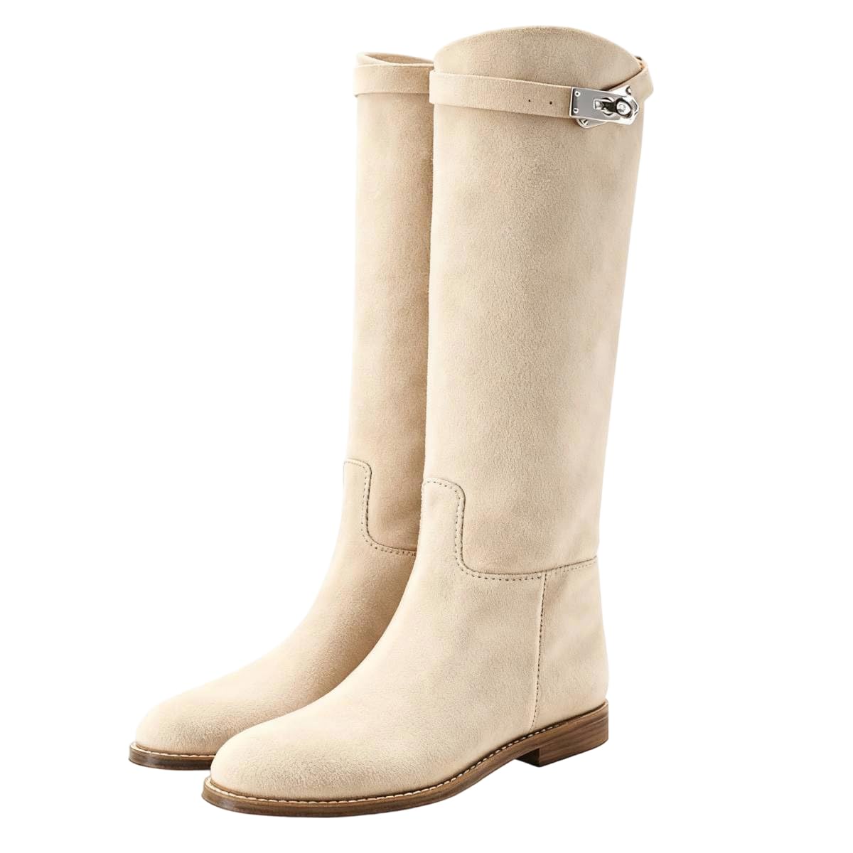YDN Women Classic Round Toe Under the Knee High Flat Riding Boots Pull on Mental Buckle Wide Calf