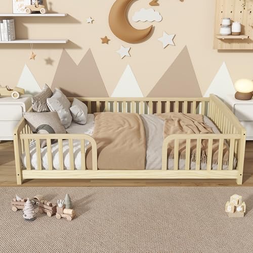 Image of Bellemave Full Size Montessori Floor Bed Frame with High Fence, Solid Wood Kids Floor Bed with Central Entrance, Low Profile Bed for Boys & Girls, Rounded Corner Design,Natural