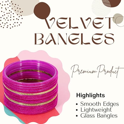 Image of NMII Glass Bangles For Women and Girls with Velvet and Golden Ballchain Linked | Plain Glass Bangles | Velvet Chudi Set | Bangles For Women | Stylish Glass Chudi Bangles- Set of 28