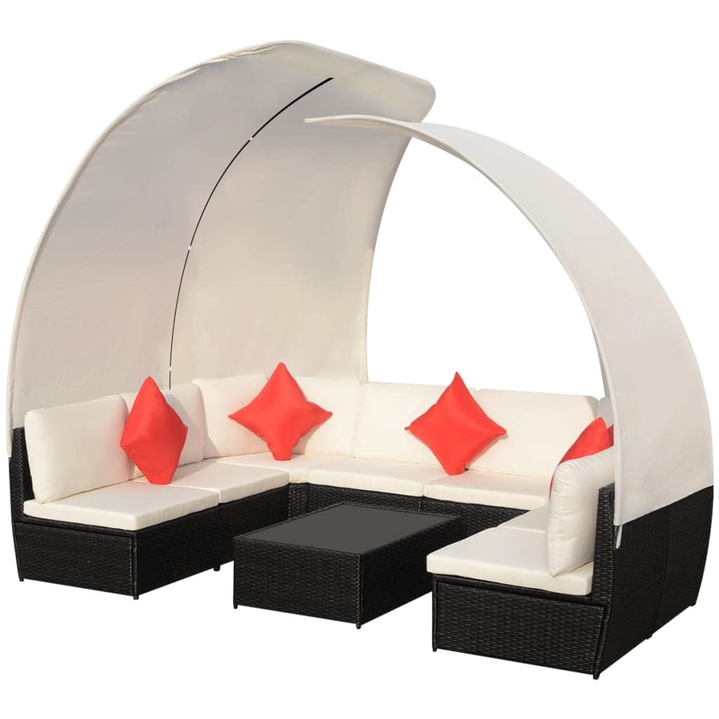 Juego de salón de jardín de 9 piezas, ratán sintético negro con 2 toldos, conjunto modular para exteriores, para terraza, balcón y jardín, incluye cojín y mesa de café