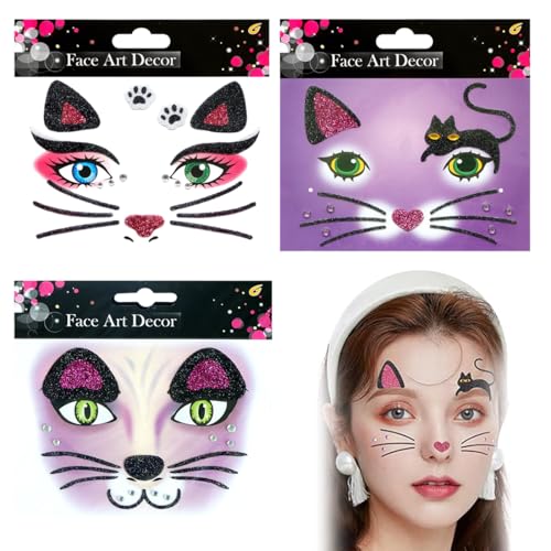 XUZOPIM 3 Piezas Tatuajes Temporales Adultos Pegatinas Para Tatuajes Faciales Pegatinas Animales Cara Purpurina Para Niñas Mujer Gato Tatuajes Temporales Para La Cara Halloween Carnaval