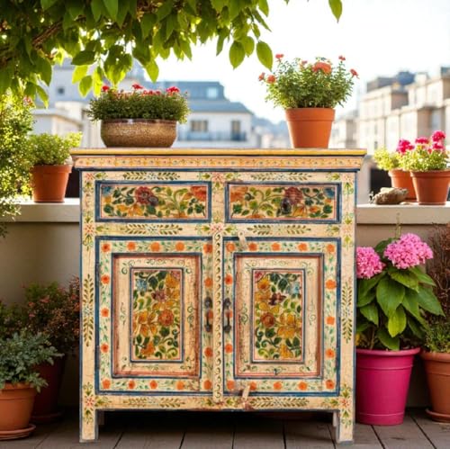 Image of APRODZ Hand-Painted Solid Wood Sideboard Cabinet with 2 Doors & 2 Drawers | Wooden Storage Cabinet for Bedroom Living Room & Kitchen | Crockery Cabinet, Kitchen Storage | Multicolor, 34x16x30 Inches