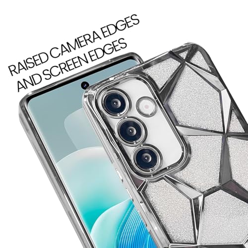 Image of VONZEE Gradient Glitter Case for Samsung S25 Plus, Luxury Electroplated 3D Cube, Diamond Bling Shiny Soft TPU Clear Shockproof Women Girls Protective Phone Cover (Silver)