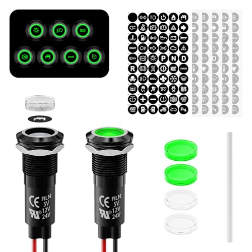 FILN Lampe de contrôle LED verte 12-24 V 12 V avec 180 symboles de rechange, affichage du symbole IP67 pour tableau de bord pour véhicules et bateaux