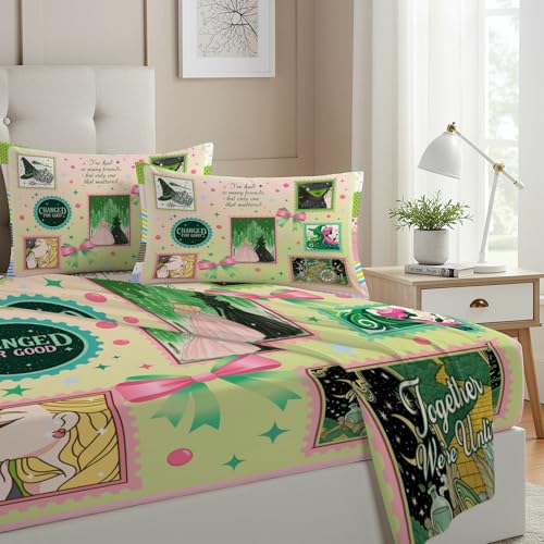 Allenjoy Green Witch Pink Princess Sheets Set with Fitted Sheet Flat Sheet and 1 Pillowcase for Teens Girls Fans Women Bedding Bedroom Nursery Room Decor Machine Washable Durable Twin Size