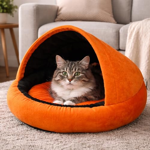 Image of GDB Cotton Premium Cozy Covered Pet Bed for Cats and Small Dogs Soft, Washable, Cave-Style Sleeping Bed with Anti-Slip Bottom Small Orange Blac.k(LWH 51X51X15 CM)