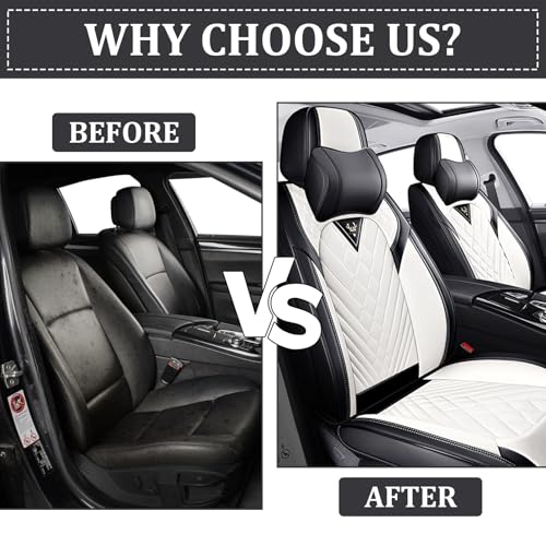 Image of Car Seat Covers Front Seats for Kia Telluride 2020-2026, Anti-Slip Full Coverage Car Seat Covers, Waterproof Nappa Leather Car Seat Cover Sets(2 Seats with Headrests /Black White)