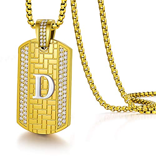 ETEVON 18K Gold Plated Initial Necklace, Gold Stainless Steel Letter D Pendant Necklaces Hip Hop Gold Square Chain Jewelry Gifts for Men Boys Anniversary Birthday Gift for Husband Father Boyfriend Son