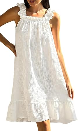 codcm Womens Cotton Gauze Nightgown Sleeveless Ruffle Dress Frill Strap Short House Dress Comfy Sleepdress