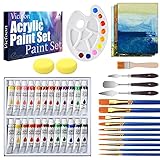 ✨【EXCELENTE JUEGO DE PINTURA ACRÍLICA】 nuestros juegos de pintura acrílica incluyen 24 tipos de pintura acrílica, 11 Pinceles para Pintura, 3 espátulas para pintar, 1 paleta, 2 esponjas, 2 tableros de dibujo de lienzo.Agrega color a tu vida!