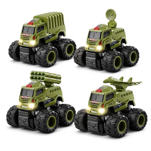 Image of Storio 4WD Monster Military Truck Toy for Kids | Pack of 4 Friction Powered Push & Go Cars | Off-Road Rock Crawler Vehicles for Boys | Durable, Safe & Fun Mini Trucks for Indoor & Outdoor Play