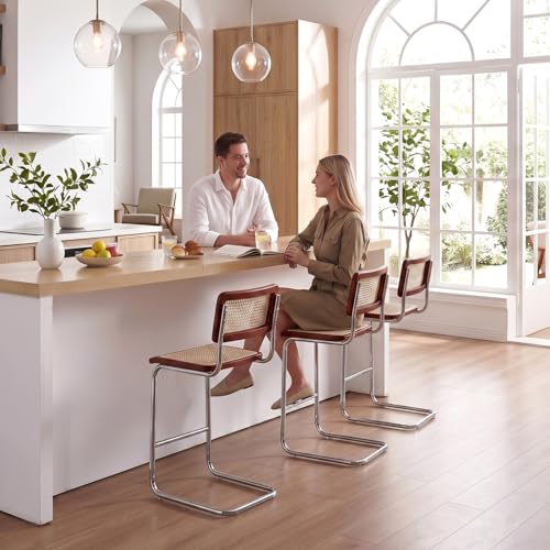 Image of Flouki Rattan Bar Stools Set of 4, Counter Height Stools with Wicker Back, 24 Inch Modern Bar Stools, Mid Century Cantilever Counter Chairs for Kitchen Island,Walnut Wooden Frame, Chrome Legs