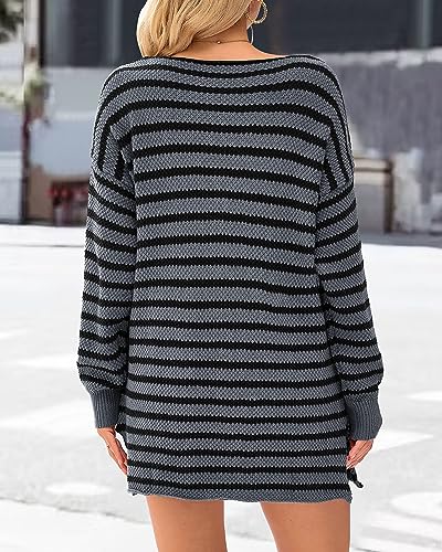 KIRUNDO Women's 2026 Fall Winter Oversized Long Sleeve Striped Sweater Casual Crewneck Side Split Pullover Knit Tops(Grey, Medium) — view 5
