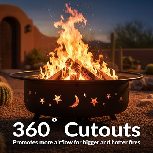 Image of Sunnydaze Cosmic 42-Inch Large Outdoor Fire Pit - Wood-Burning Firepit for Outside Patio, Backyard, Deck - Steel - Wood Grate, Spark Screen, and Fireplace Poker Included - Black - 34 inch Bowl Diameter