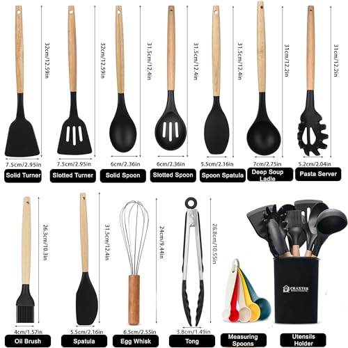 Kitchen Utensils Set – 17 Pcs Silicone Cooking Utensils Set with Wooden Handles Heat Resistant, Non-Toxic Non-Stick Spatula Set with Measuring Spoons Black - Image 4