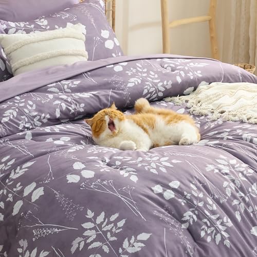 Image of Bedsure Floral Grayish Purple Comforter Set, King Bedding Sets, 7 Piece | Bed in a Bag, Comforters, Bedroom, Reversible, Fluffy, Whisper-Quiet, All-Season, Polyester, Easy Care, Botanical-Chic, OEKO